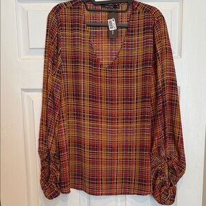 Doe & Rae Multicolor Plaid V-Neck Blouse